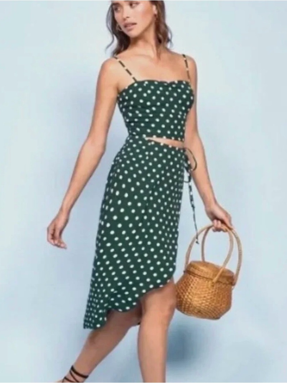 Reformation Amora Wrap Skirt Dress 
Pinesol Green Polkadot SZ 2 EUC